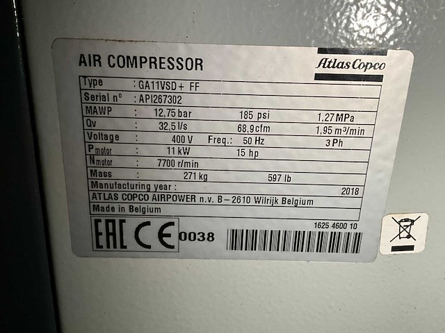 2018 atlas corpo ga11vsd+ oliegeinjecteerde schroefcompressor - afbeelding 4 van  4