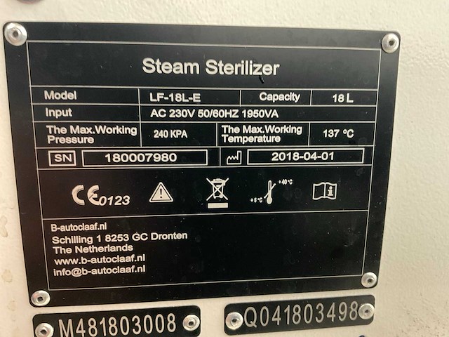 2018 b-autoclaaf sense lf18le instrumenten steriliseer appararaat - afbeelding 3 van  3