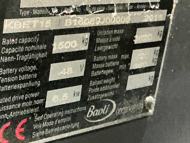 2018 baoli kbet15w vorkheftruck - afbeelding 10 van  18