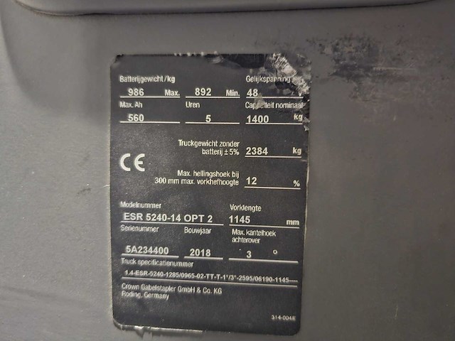 2018 crown esr 5240-14 reachtruck - afbeelding 19 van  21