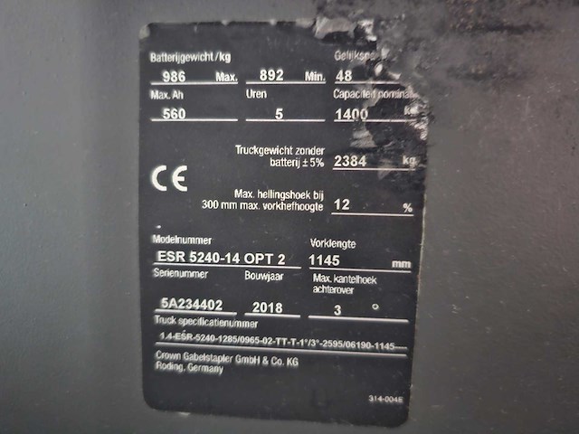 2018 crown esr 5240-14 reachtruck - afbeelding 24 van  25