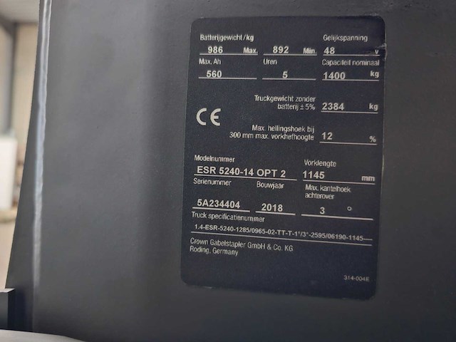 2018 crown esr 5240-14 reachtruck - afbeelding 22 van  24