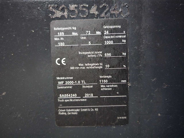2018 crown wf 3000-1.0 tl elektrische palletwagen - afbeelding 16 van  17