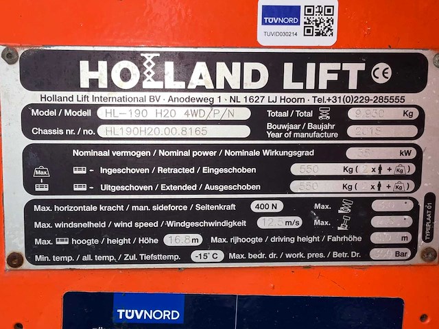 2018 holland lift hl-190 h20 4wd/p/n hoogwerker - afbeelding 32 van  37