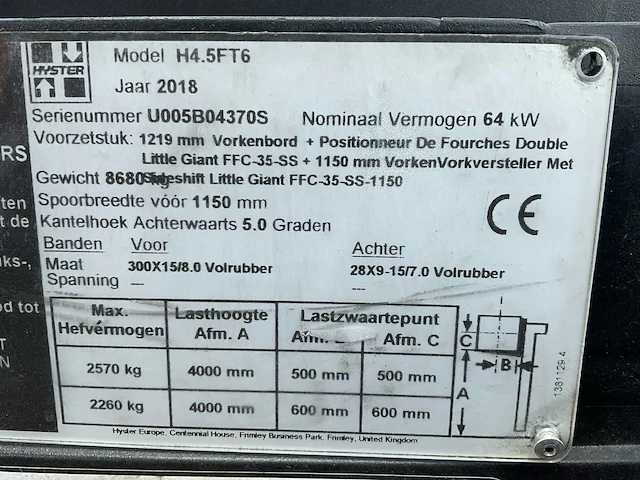 2018 hyster h4.5ft6 vorkheftruck - afbeelding 20 van  28