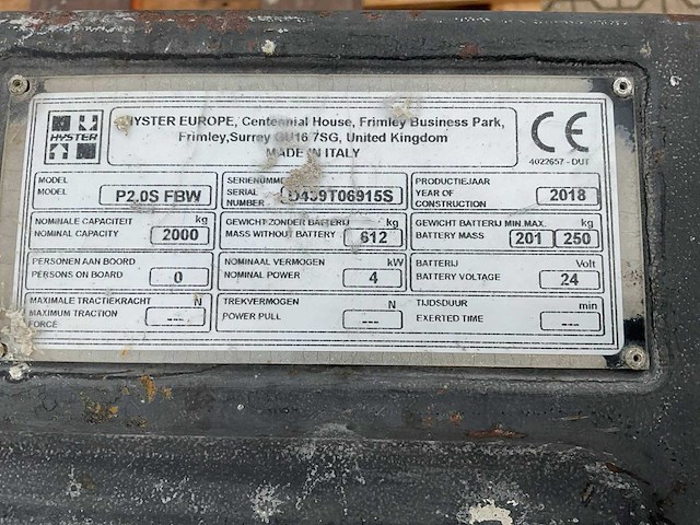 2018 hyster p2.0s fbw elektrische palletwagen - afbeelding 5 van  13