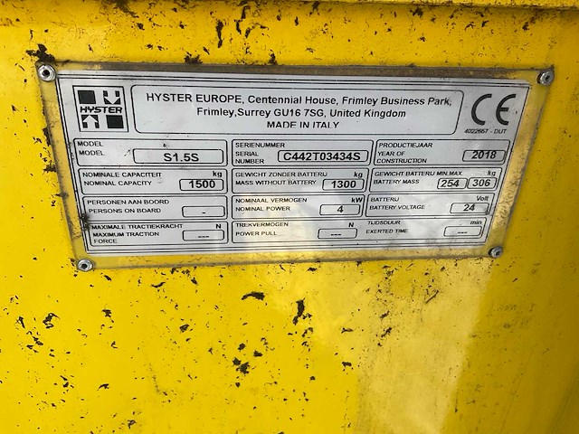 2018 hyster s1,5 s initiele heffing stapelaar - afbeelding 3 van  11