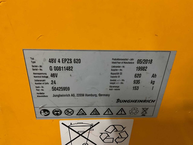 2018 jungheinrich 48 volt 4 epzs 620 accupakket reachtruck - afbeelding 7 van  7