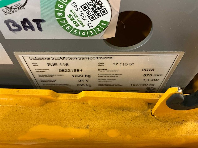 2018 jungheinrich eje 116 electirc palletwagen - afbeelding 4 van  12