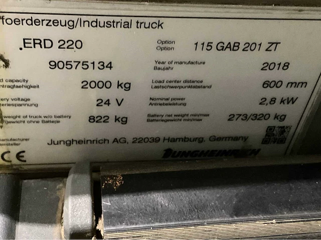 2018 jungheinrich erd 220 2000kg stapelaar - afbeelding 2 van  10
