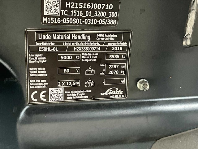 2018 linde e 50 vorkheftruck - afbeelding 14 van  17