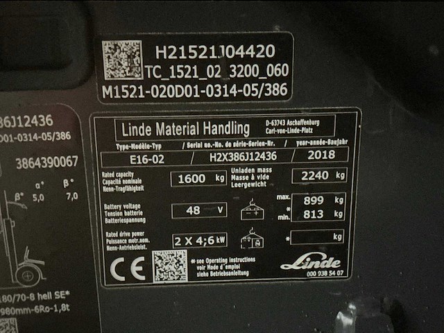 2018 linde e16-02 vorkheftruck - afbeelding 8 van  8