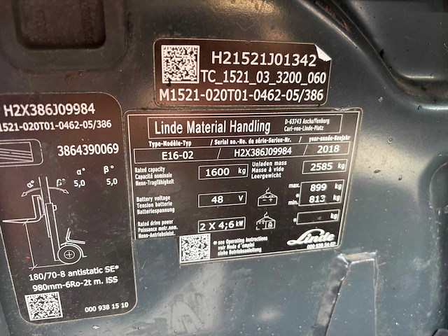 2018 linde e16-02 vorkheftruck - afbeelding 9 van  10