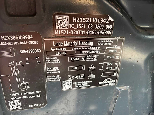 2018 linde e16-02 vorkheftruck - afbeelding 9 van  10