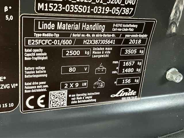 2018 linde fc 25 vorkheftruck - afbeelding 12 van  12