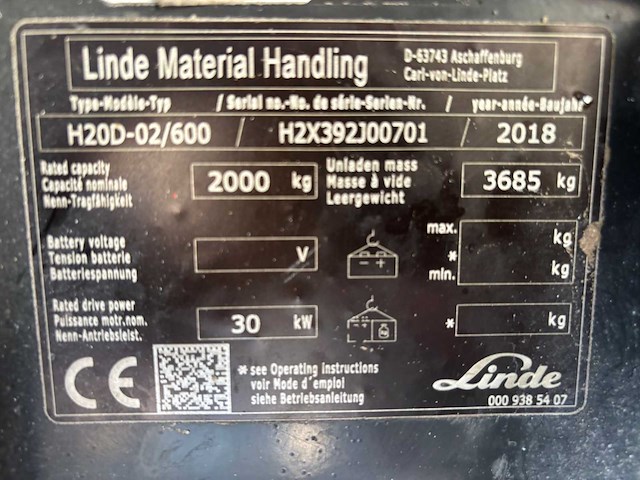 2018 linde h20d-02/600 vorkheftruck - afbeelding 14 van  15