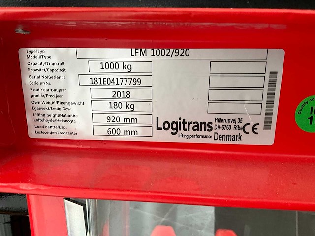 2018 logitrans lfm 1002/920 hydraulische handpalletstapelaar - afbeelding 5 van  5