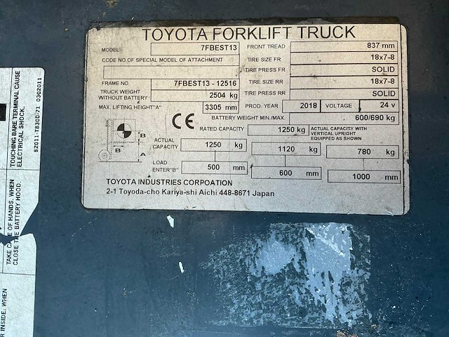 2018 toyota 7fbest13 vorkheftruck - afbeelding 15 van  22
