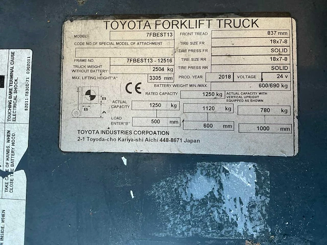 2018 toyota 7fbest13 vorkheftruck - afbeelding 22 van  22