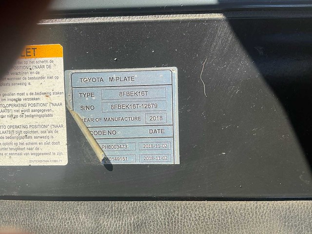2018 toyota 8fbek16t vorkheftruck - afbeelding 7 van  15