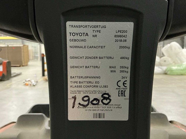 2018 toyota lpe200 elektrische palletwagen met platform - afbeelding 6 van  15