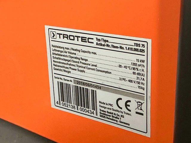 2018 trotec tds 75 elektroheater 15kw 400v - afbeelding 6 van  7