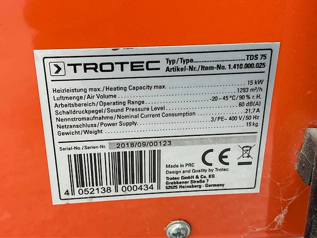 2018 trotec tds 75 elektroheater 15kw 400v - afbeelding 6 van  7