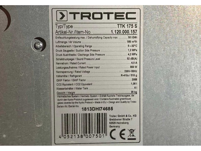 2018 trotec ttk 175 s condensatiedroger / bouwdroger - afbeelding 5 van  7