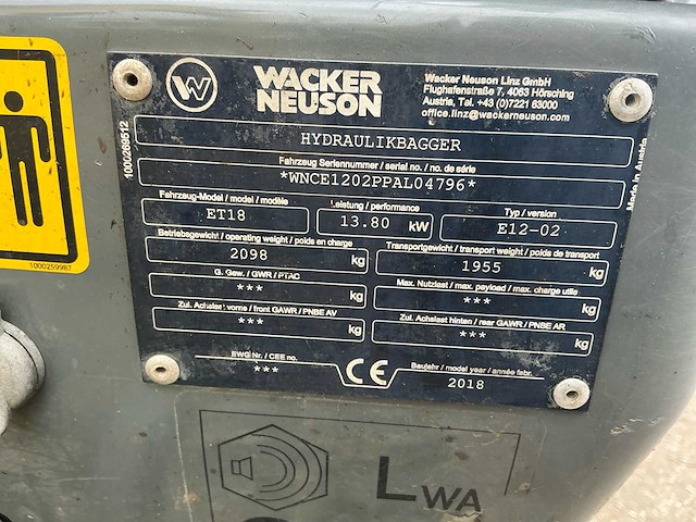 2018 wacker neuson et18 minigraafmachine - afbeelding 25 van  31