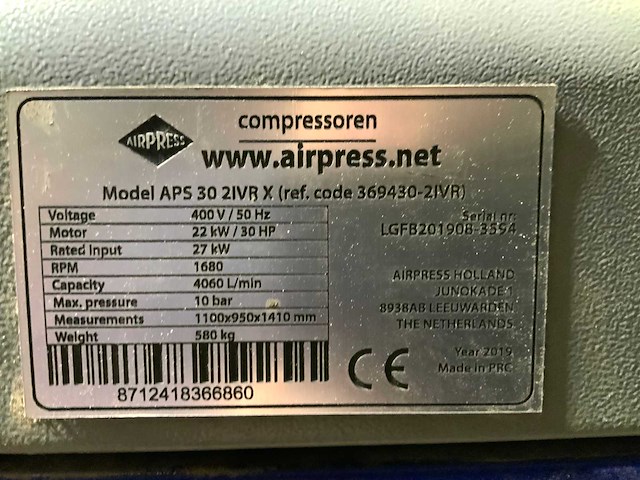2019 airpress aps 30 2ivr x schroefcompressor/luchtdroger - afbeelding 12 van  12