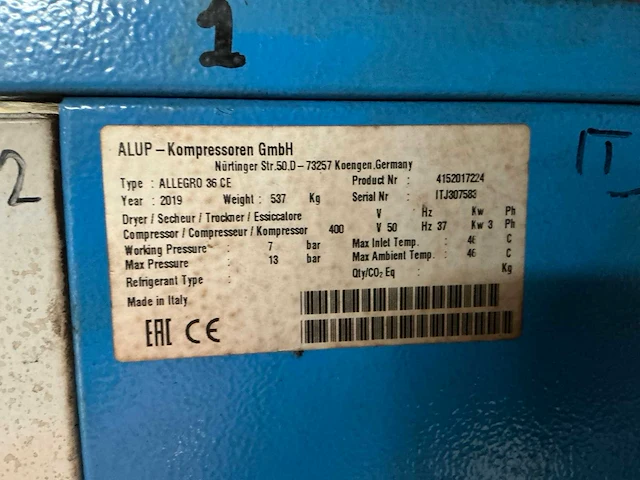 2019 alup allegro 36 ce schroefcompressor - afbeelding 7 van  8