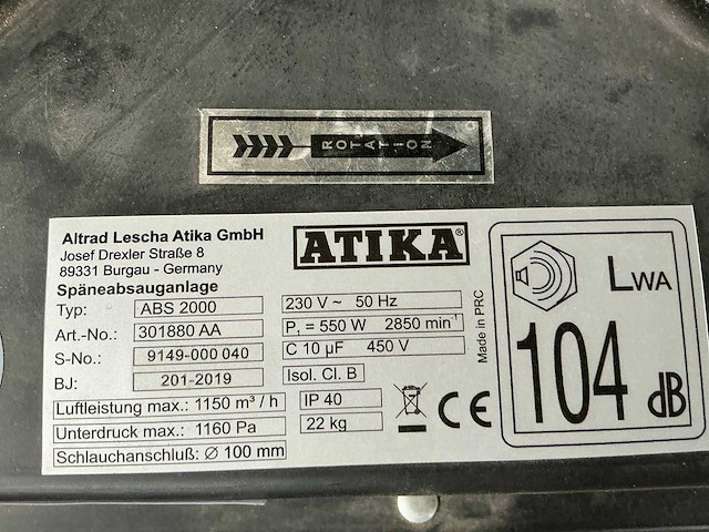2019 atika abs 2000 industriële stofzuiger - afbeelding 4 van  5