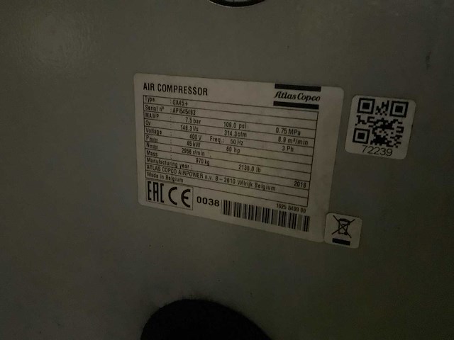2019 atlascopco ga110vsd+ff, ga45 inhoud compressorruimte - afbeelding 21 van  24