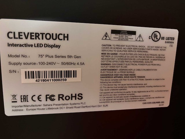 2019 clevertouch plus 5th gen interactive touchscreen 75” - afbeelding 1 van  1