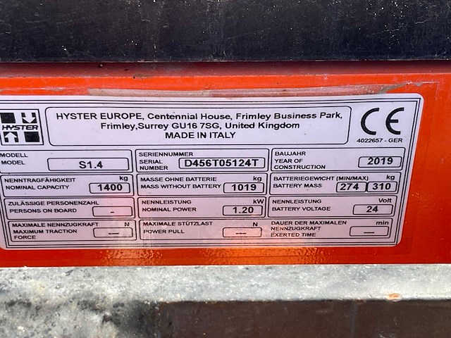 2019 hyster s1.4 elektrische stapelaar - afbeelding 2 van  10