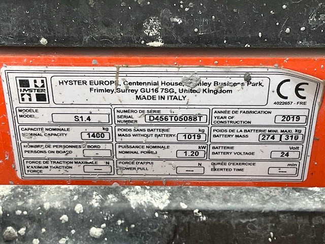 2019 hyster s1.4 elektrische stapelaar - afbeelding 10 van  18