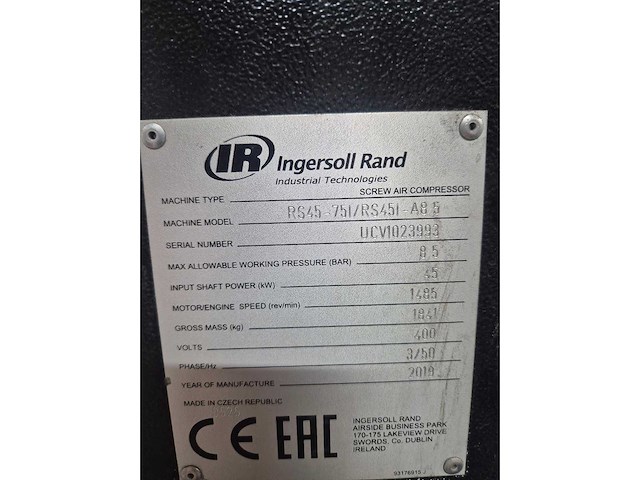 2019 ingersoll rand rs45-751/rs451-a8.5 schroefcompressor + luchtdroger 2023 - afbeelding 5 van  14