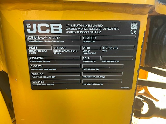 2019 jcb 427 s5 agri wiellader shovel - afbeelding 33 van  36