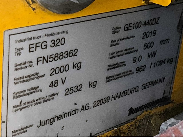 2019 jungheinrich efg 320 2000kg 4000uur vorkheftruck - afbeelding 8 van  16