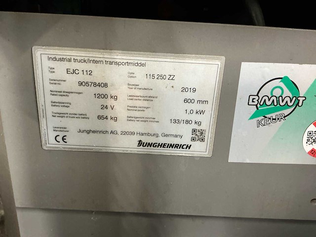 2019 jungheinrich ejc 112 palletstapelaar - afbeelding 3 van  12