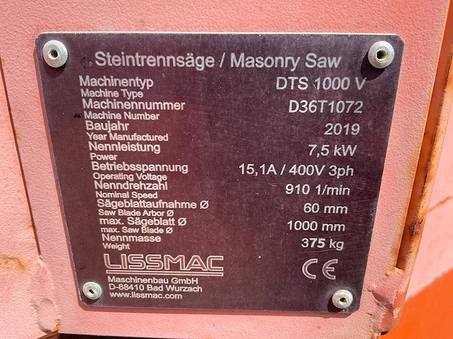 2019 lissmac dts 1000v steenzaagmachine / bloksteenzaagmachine - afbeelding 4 van  12