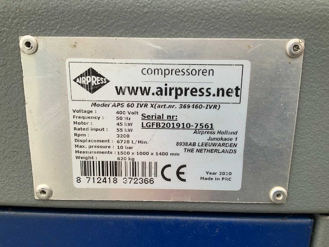 2020 airpress aps 60 ivr x schroefcompressor - afbeelding 9 van  9