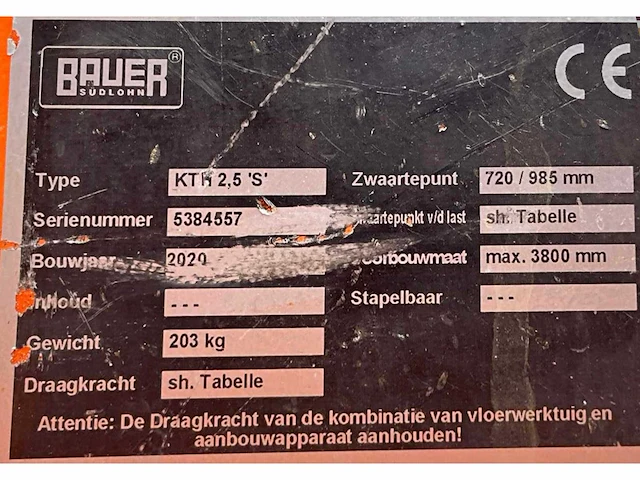 2020 bauer kth 2,5 ‘s’ heftruck hijsjib / hijsarm - afbeelding 3 van  10