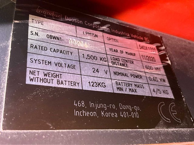 2020 doosan lpm15n elektrische palletwagen - afbeelding 9 van  9