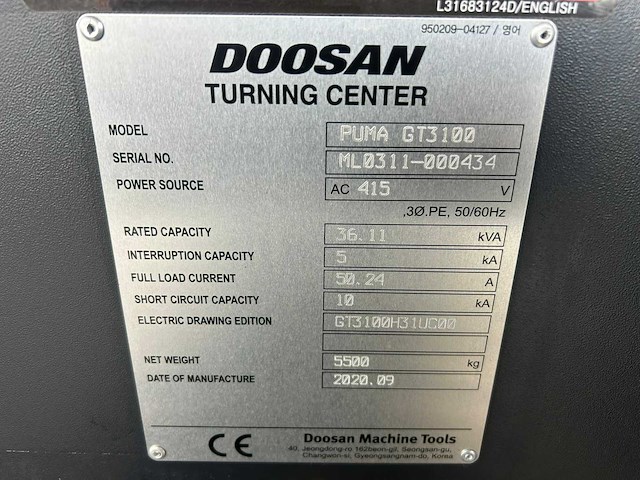 2020 doosan puma gt3100 cnc-draaibank - afbeelding 16 van  23