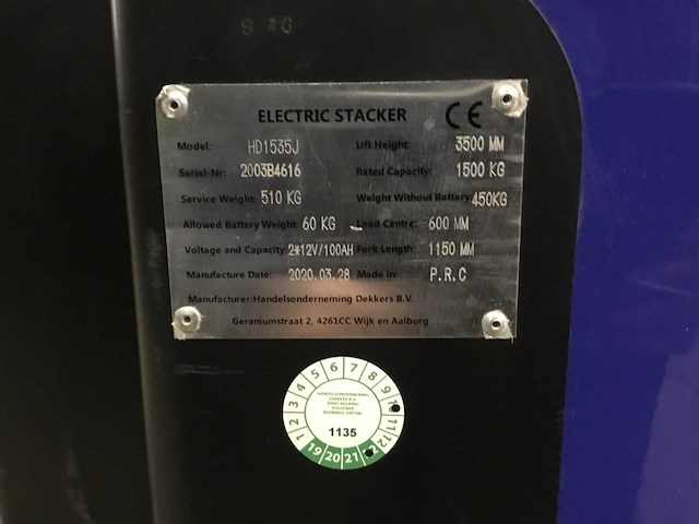 2020 electric stacker hd1535j stapelaar - afbeelding 9 van  9