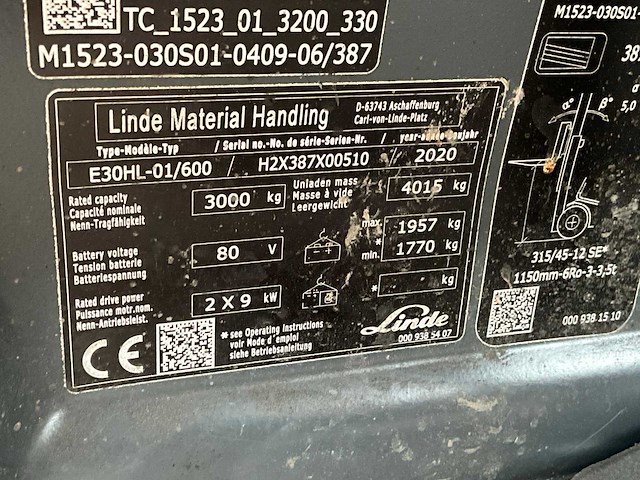 2020 linde e 30 vorkheftruck - afbeelding 13 van  14
