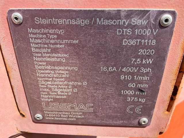 2020 lissmac dts 1000v steenzaagmachine / bloksteenzaagmachine - afbeelding 4 van  12