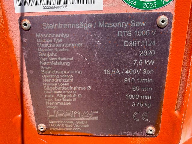 2020 lissmac dts 1000v steenzaagmachine / bloksteenzaagmachine - afbeelding 6 van  14