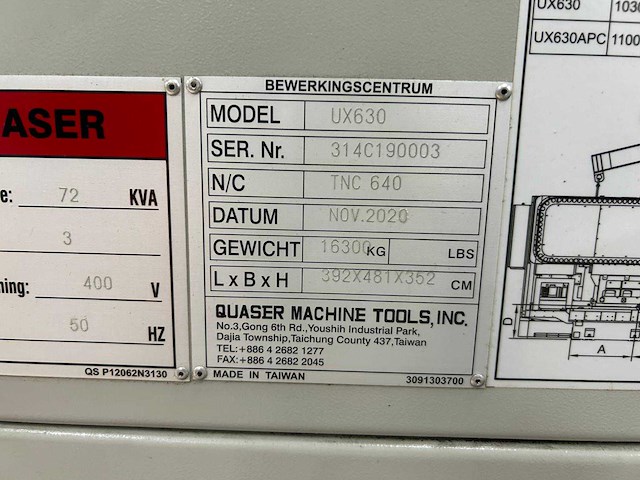 2020 quaser ux630p cnc universal machinecentrum - afbeelding 11 van  17